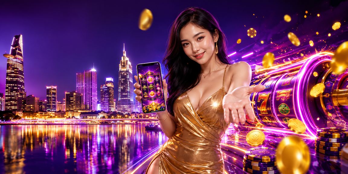 Màn hình slot game neon rực rỡ tại TP.HCM với hiệu ứng jackpot bùng nổ